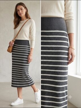 Gap Classic Gray and White Striped Knit Midi Pencil Skirt - Women's XS